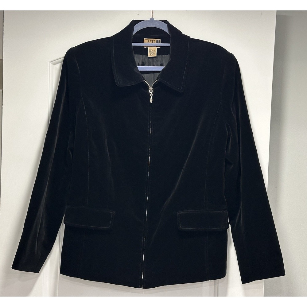 Y2K AT Denim Women's Jacket Black Velor Front Zip Size Large Officecore EUC
